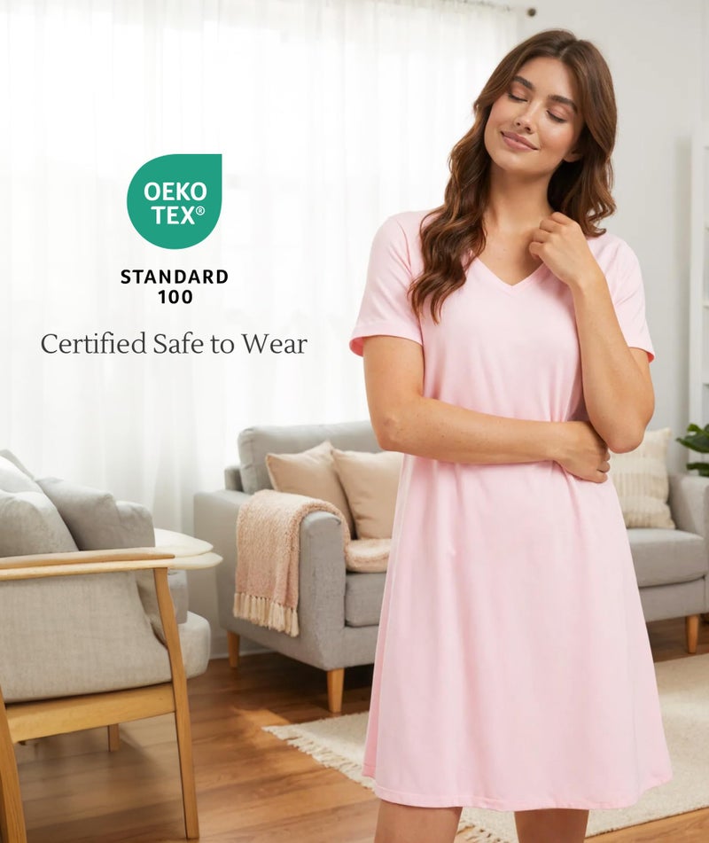 GYS Womens Bamboo Viscose Nightgown, Silky Soft Lightweight Short Sleeve Sleep Dress with Satin V-Neck for Hot Sleepers, Pink, Medium - Image 4